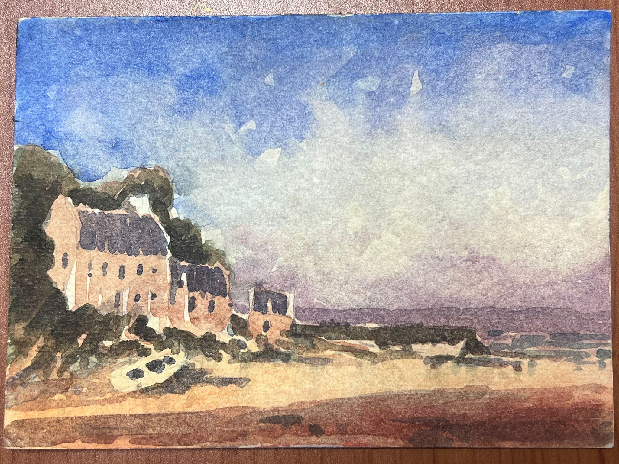Acuarela Impresionista Francesa Paisaje Casas en la Playa - Landscape Painting Gris de Maurice Mazeilie