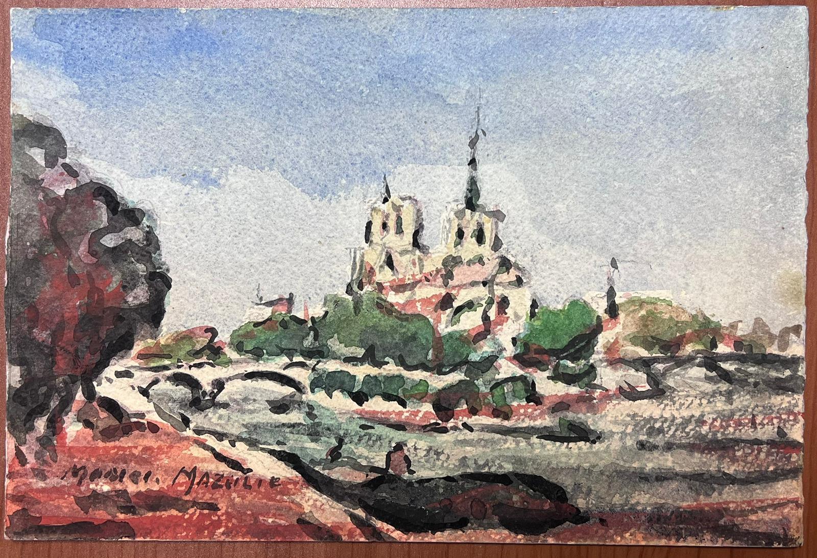 Paysage impressionniste français Notre Damme derrière la rivière Seine - Painting de Maurice Mazeilie