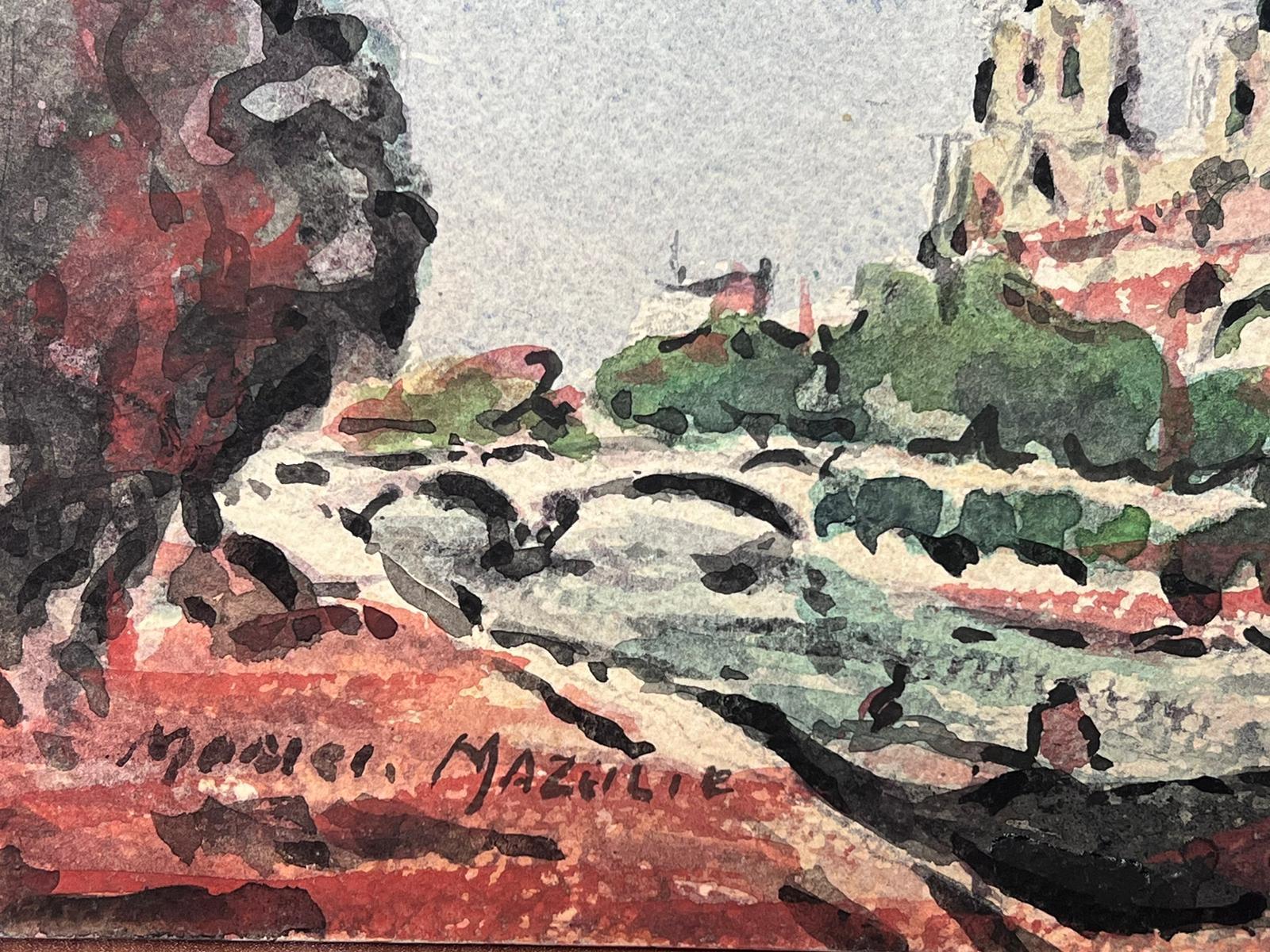 Acuarela Impresionista Francesa Paisaje Notre Damme Detrás Del Río Sena - Landscape Painting Gris de Maurice Mazeilie