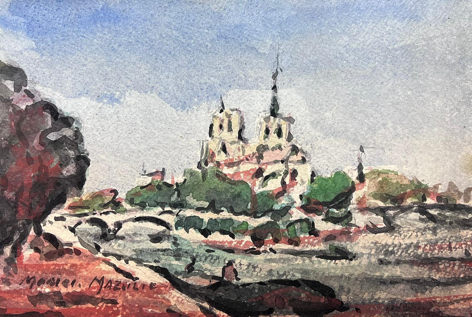 Landscape Painting Maurice Mazeilie - Paysage impressionniste français Notre Damme derrière la rivière Seine
