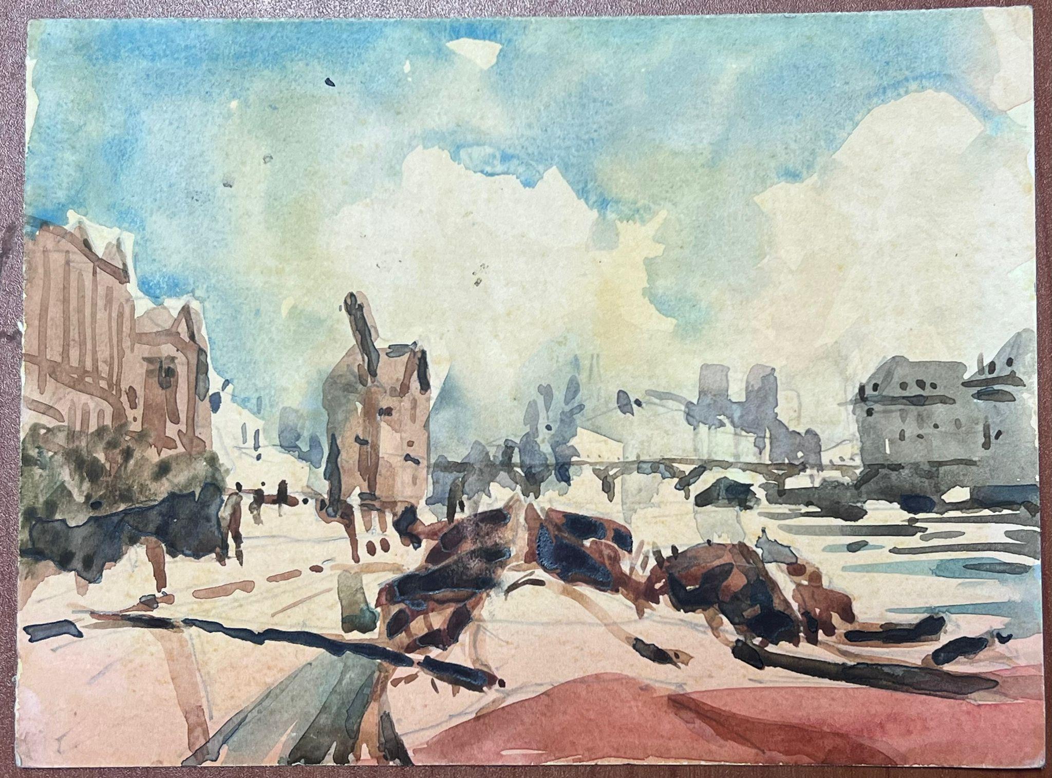 Paysage impressionniste français aquarelle Paris Bateaux sur la rivière Seine - Painting de Maurice Mazeilie