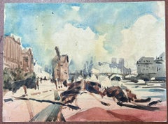 French Impressionist Watercolour Landscape Paris Boats On The River Seine
