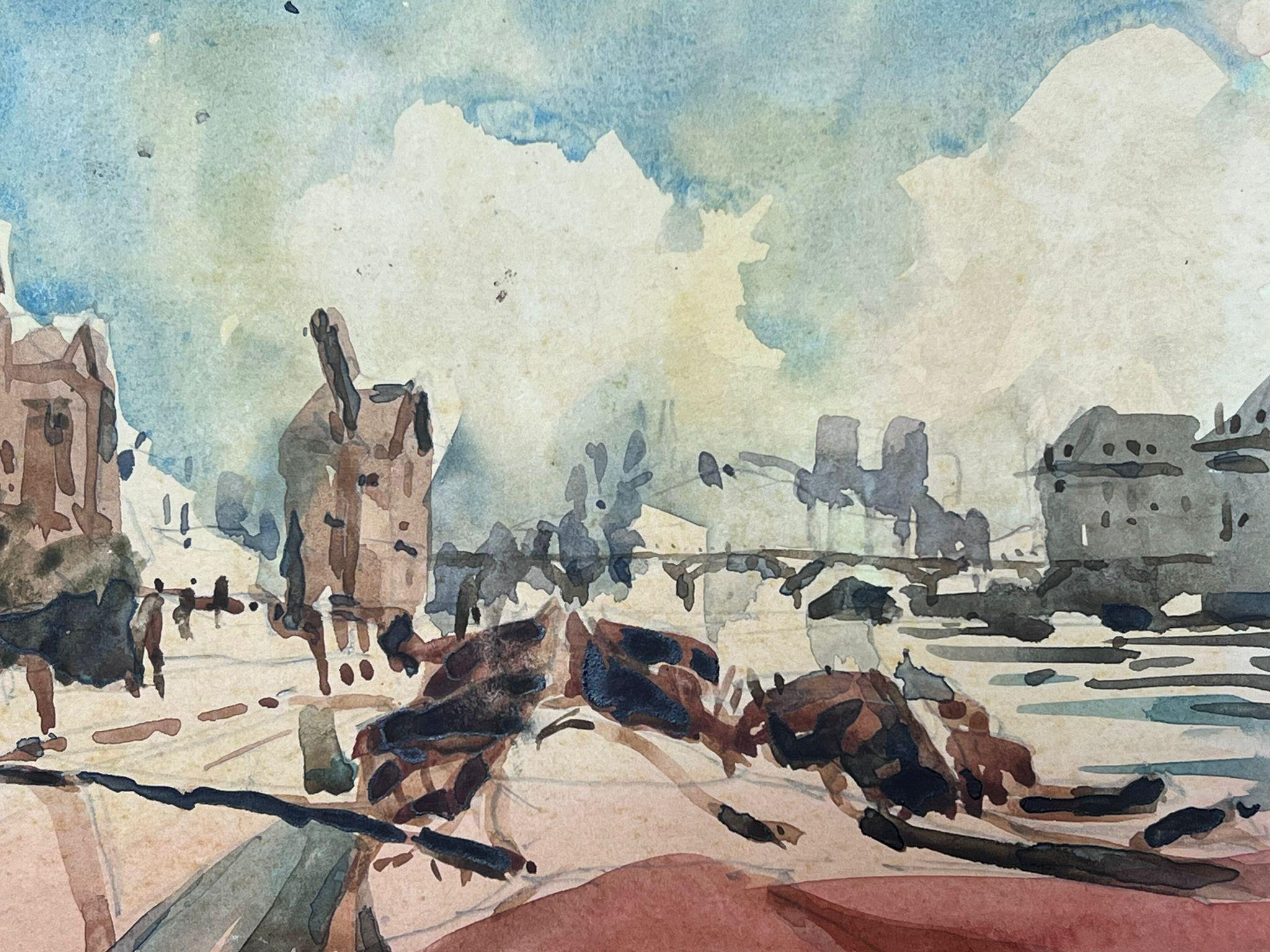 Paysage impressionniste français aquarelle Paris Bateaux sur la rivière Seine - Impressionnisme Painting par Maurice Mazeilie