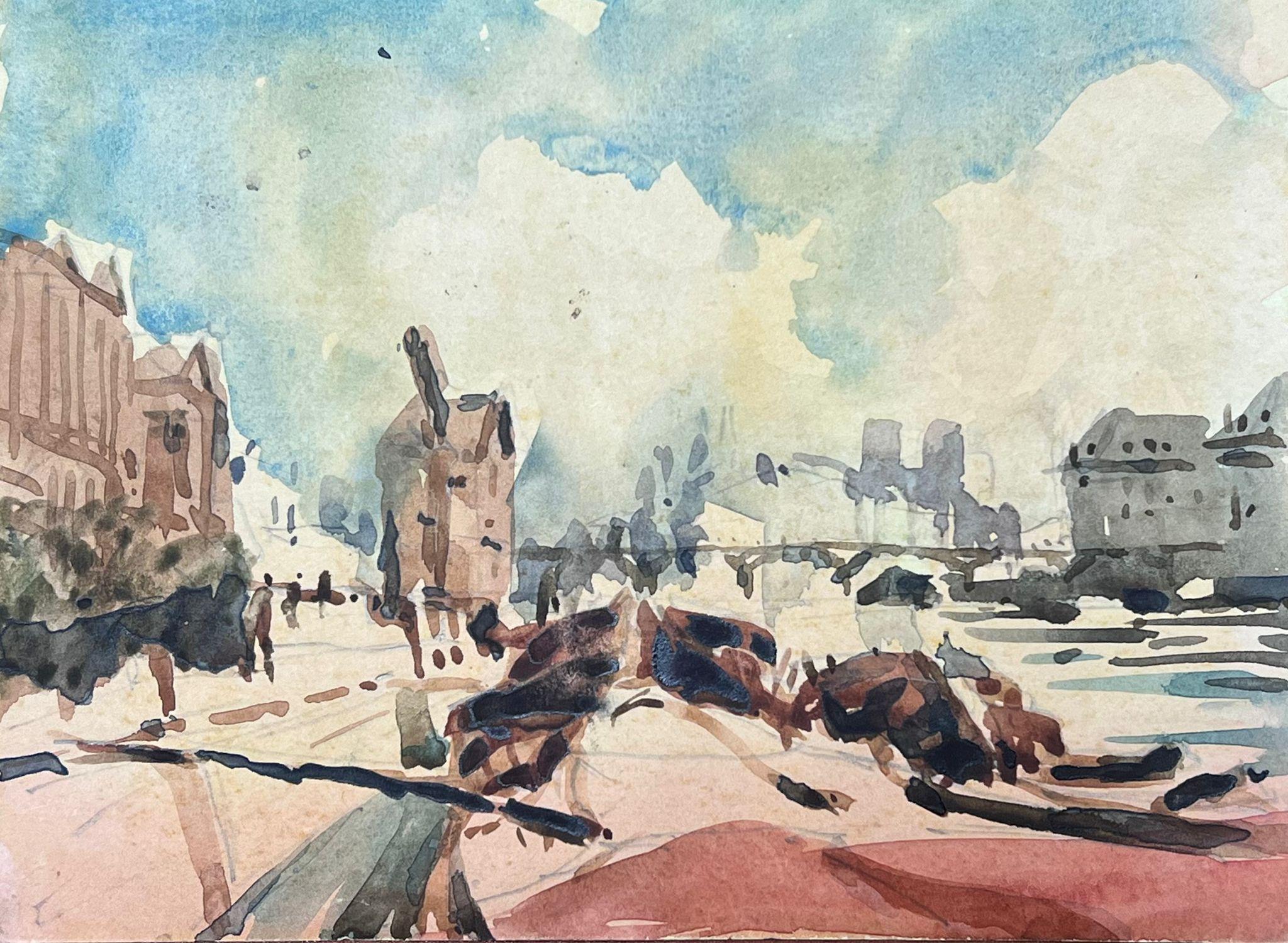 Landscape Painting Maurice Mazeilie - Paysage impressionniste français aquarelle Paris Bateaux sur la rivière Seine