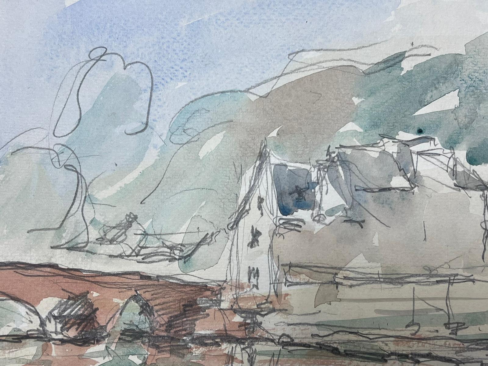 Acuarela Impresionista Francesa Paisaje Puente de París Boceto - Landscape Painting Gris de Maurice Mazeilie