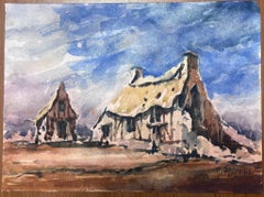 French Impressionist Watercolour Landscape Thatched Cottages