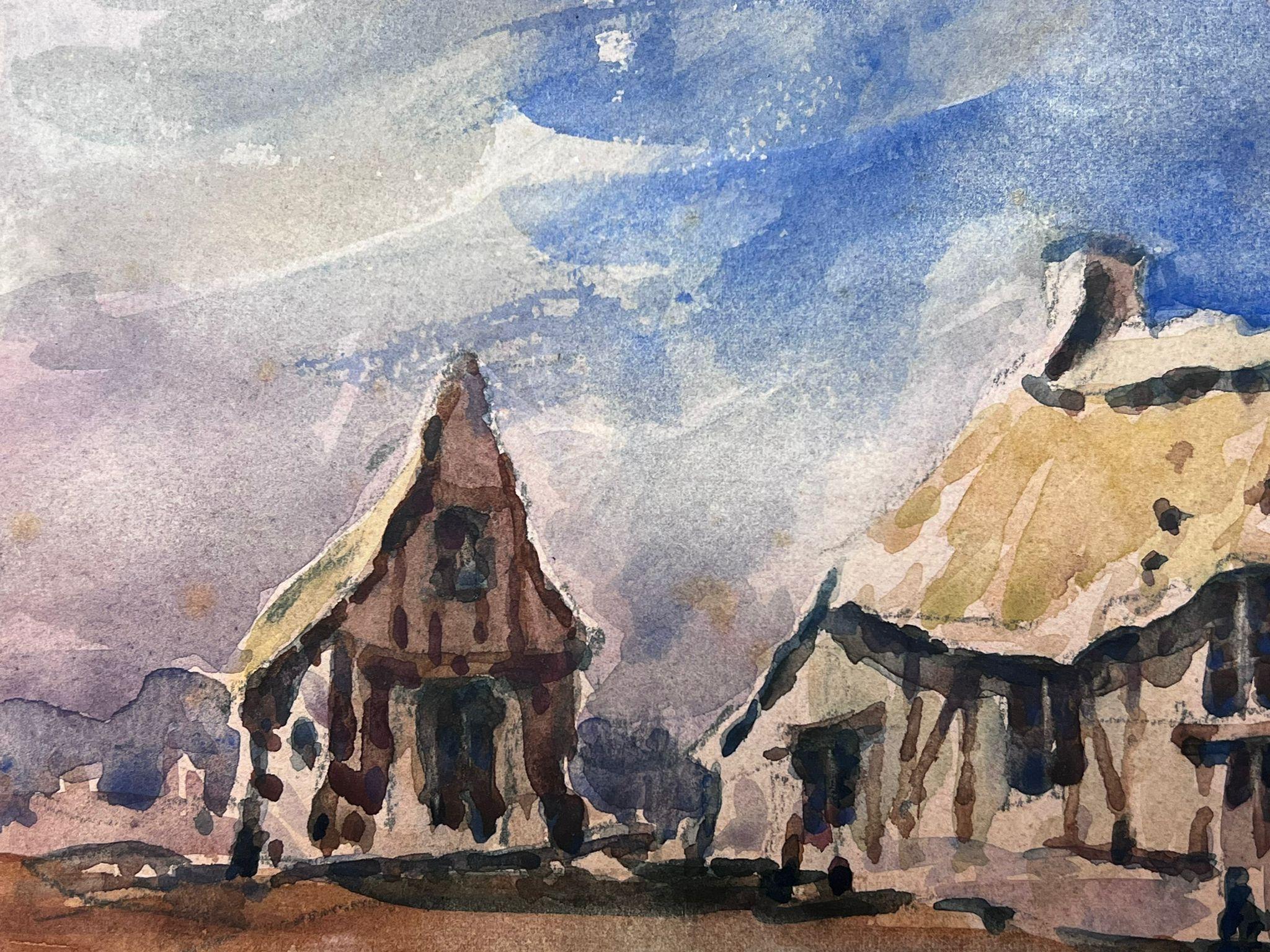 French Impressionist Watercolour Landscape Thatched Cottages  For Sale 1