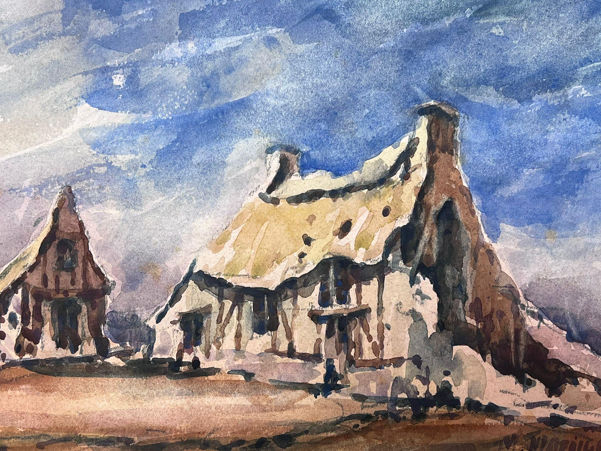 French Impressionist Watercolour Landscape Thatched Cottages  For Sale 2