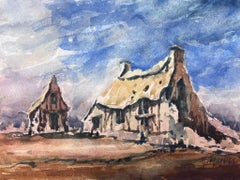 Vintage French Impressionist Watercolour Landscape Thatched Cottages 