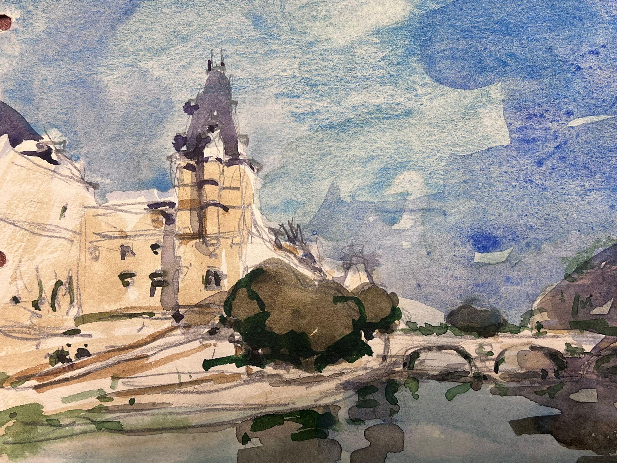 French Impressionist Watercolour Landscape The River Seine Paris - Gray Landscape Painting by Maurice Mazeilie