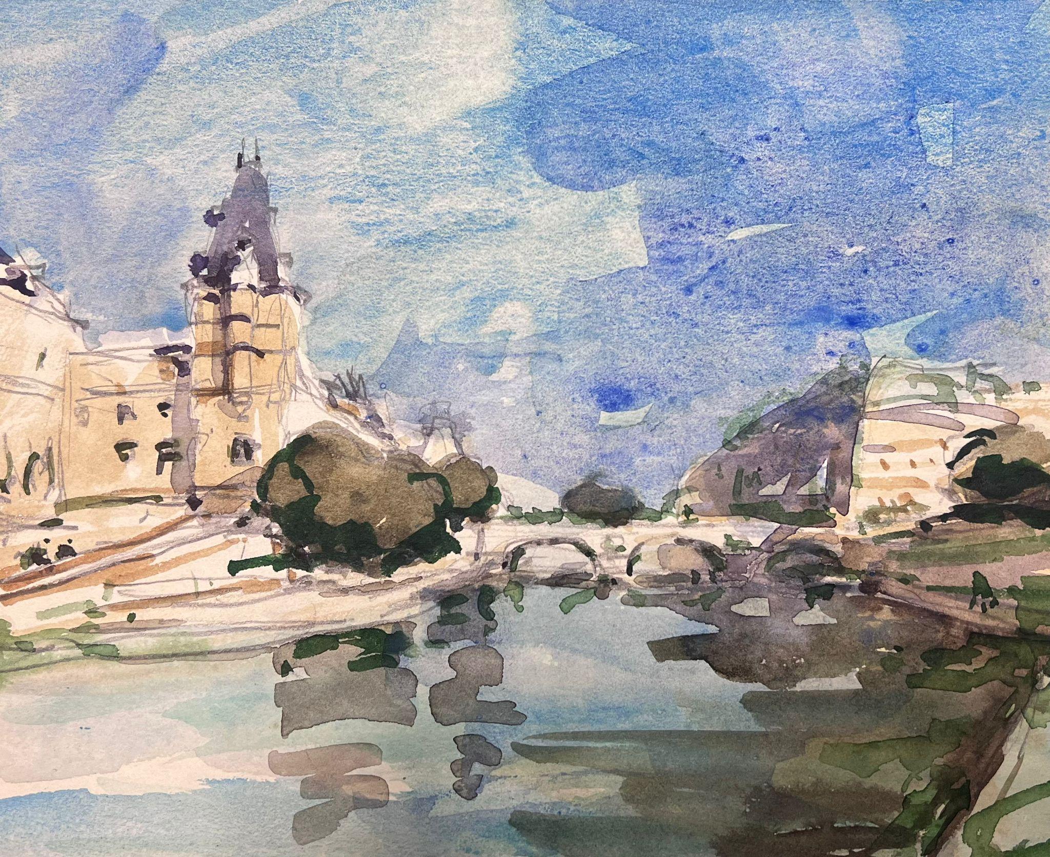 Maurice Mazeilie Landscape Painting - French Impressionist Watercolour Landscape The River Seine Paris