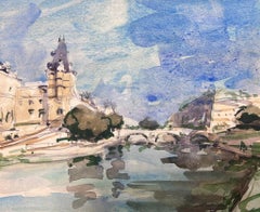 Aquarelle impressionniste française Paysage de la rivière Seine Paris