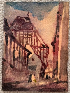 French Old Timber-Framed Building Watercolour Painting Landscape