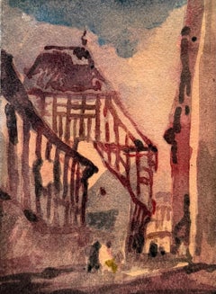 French Old Timber-Framed Building Watercolour Painting Landscape