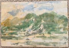 French Riverside Boats in a Verdant Landscape Impressionist Watercolour Painting