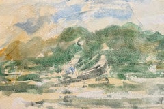 French Riverside Boats in a Verdant Landscape Impressionist Watercolour Painting