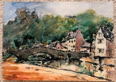 Aquarell im impressionistischen Stil: Steinbrücke in einem französischen Dorf