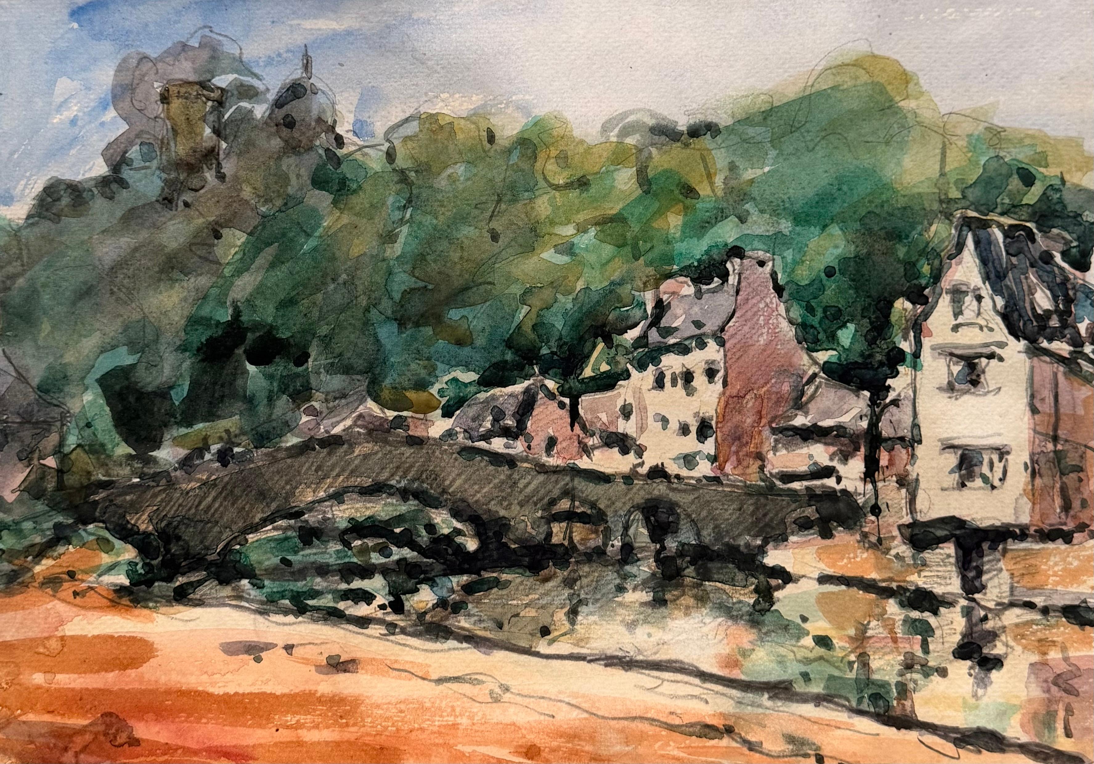 French Village Stone Bridge Watercolour Impressionist Painting