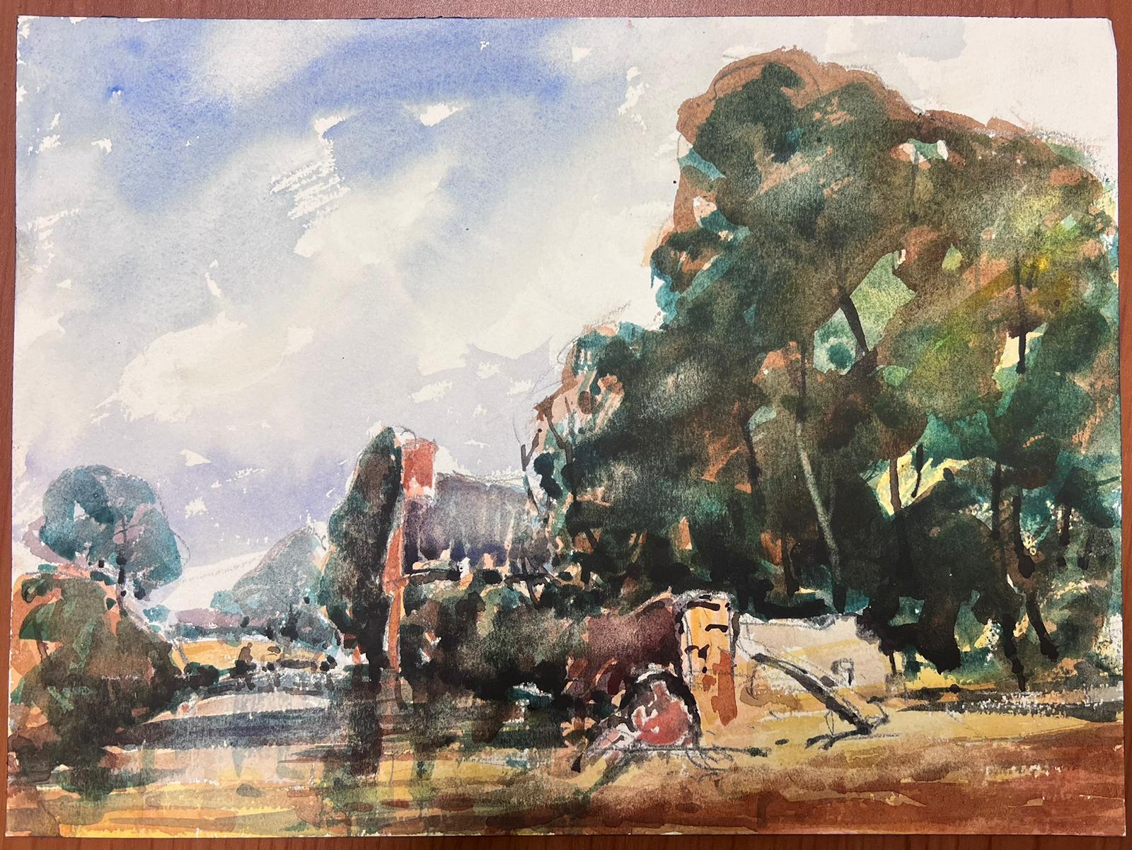 French Watercolour Landscape By The River Bank - Painting by Maurice Mazeilie