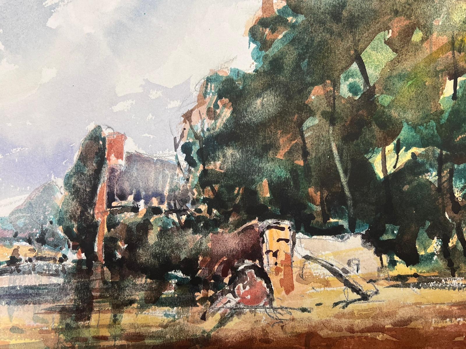 French Watercolour Landscape By The River Bank - Impressionist Painting by Maurice Mazeilie
