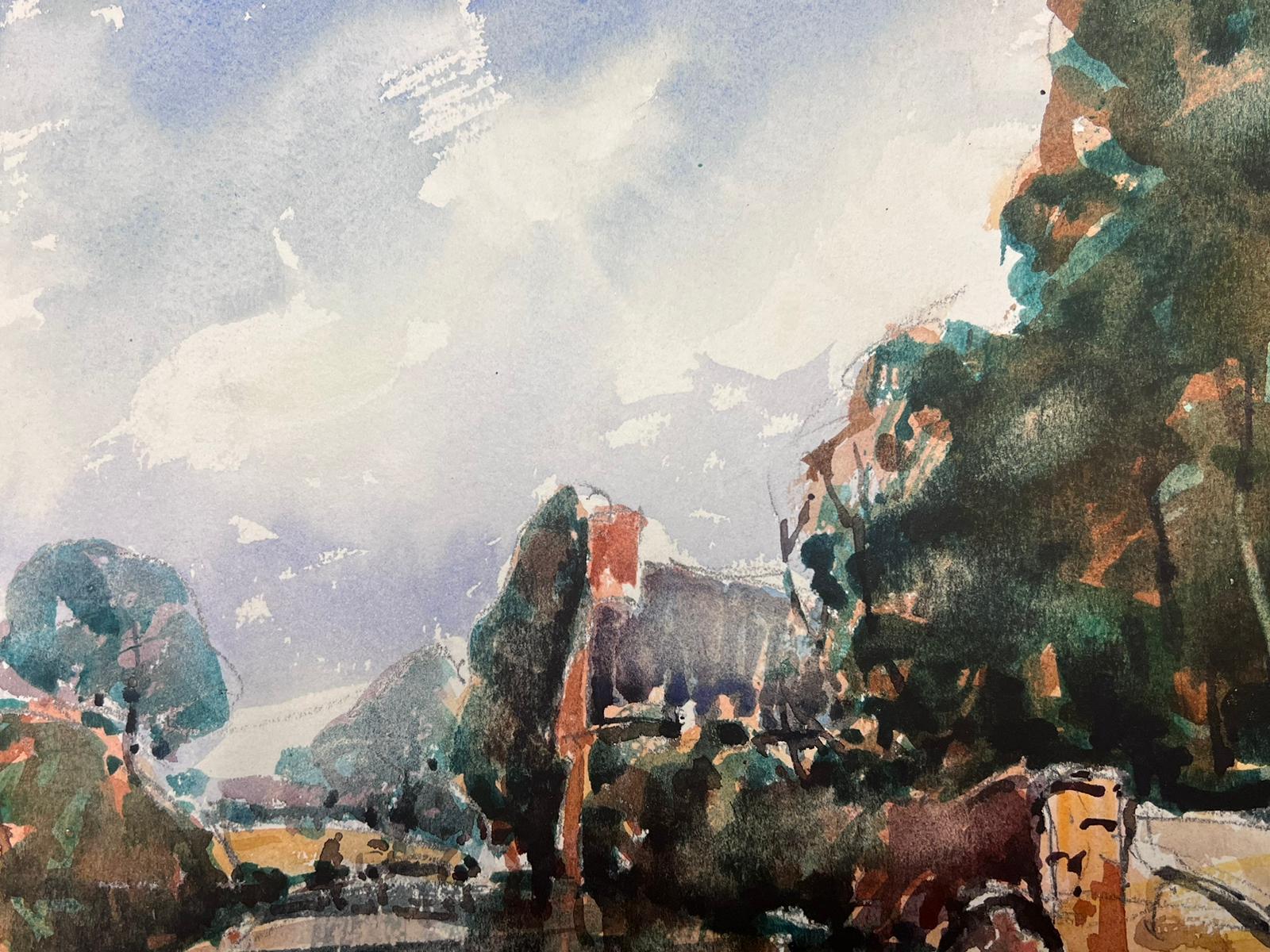 Acuarela francesa Paisaje a orillas del río - Landscape Painting Gris de Maurice Mazeilie