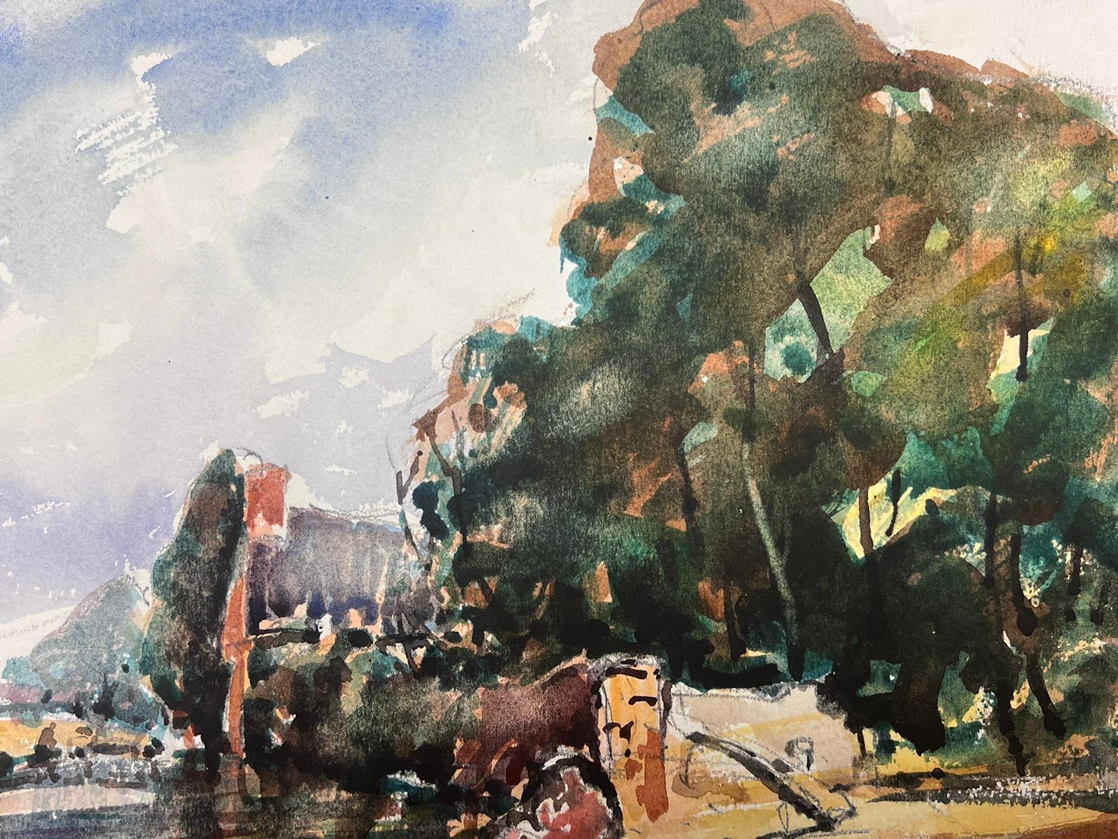 French Watercolour Landscape By The River Bank For Sale 1