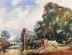 Vintage French Watercolour Landscape By The River Bank