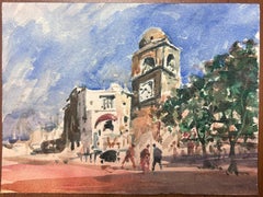 Französischer Aquarell-Landschafts-Uhrturm in einer ruhigen französischen Stadt