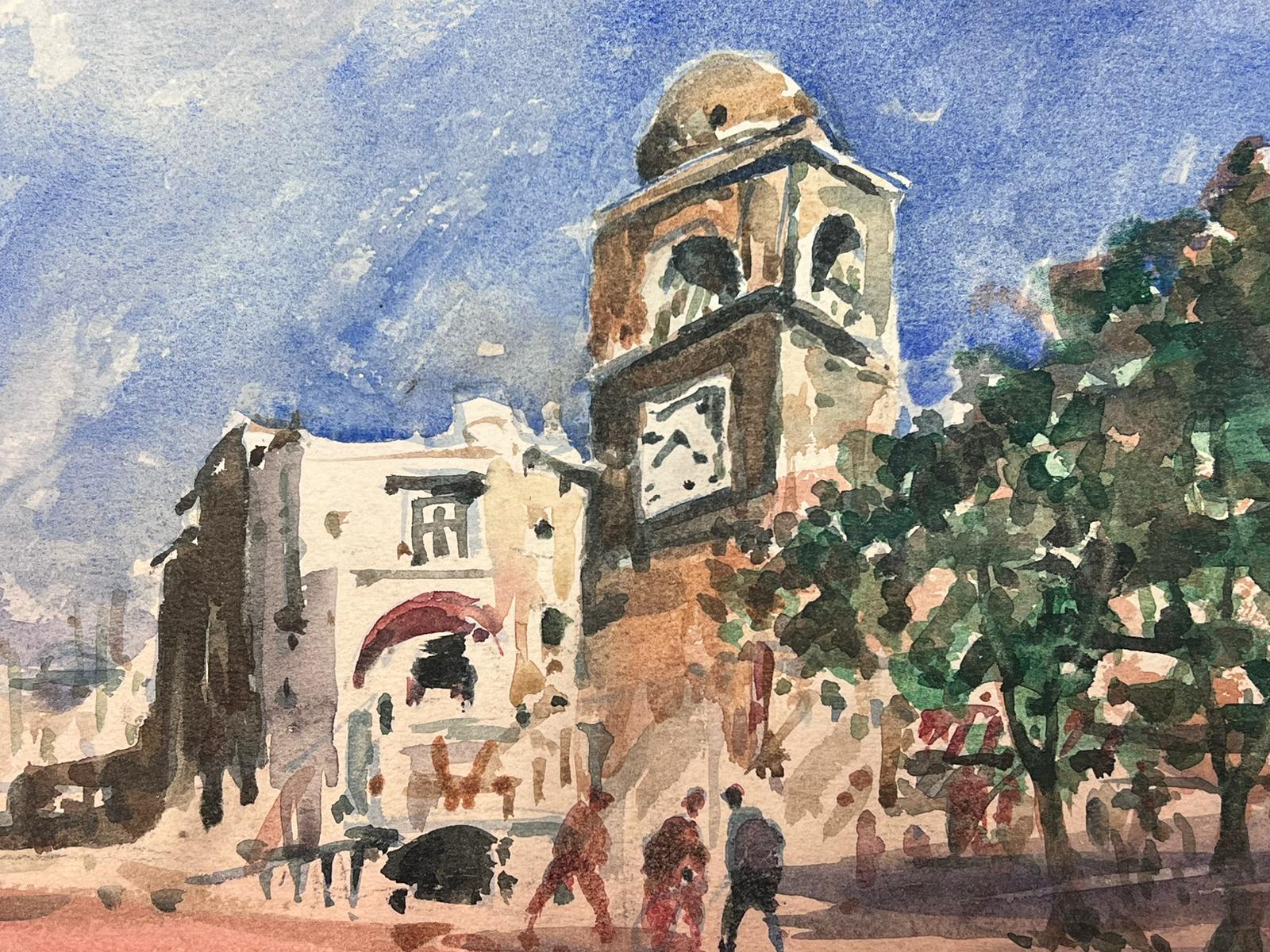 French Watercolour Landscape Clock Tower In a Quiet French Town - Impressionist Painting by Maurice Mazeilie