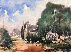 Vintage French Watercolour Landscape Country House Along The Lane