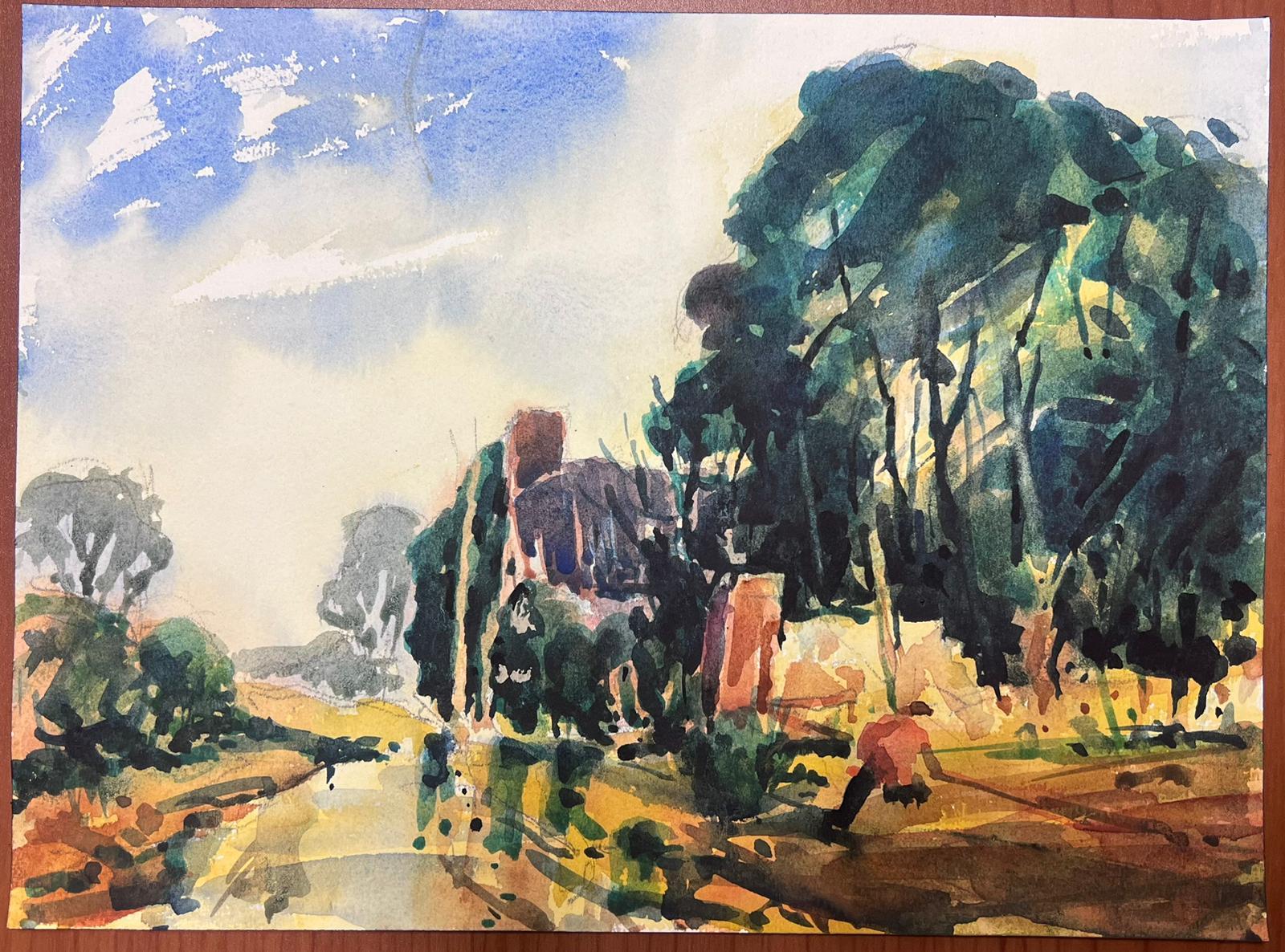 Acuarela francesa Paisaje Figura Pescando Junto al Arroyo - Painting de Maurice Mazeilie