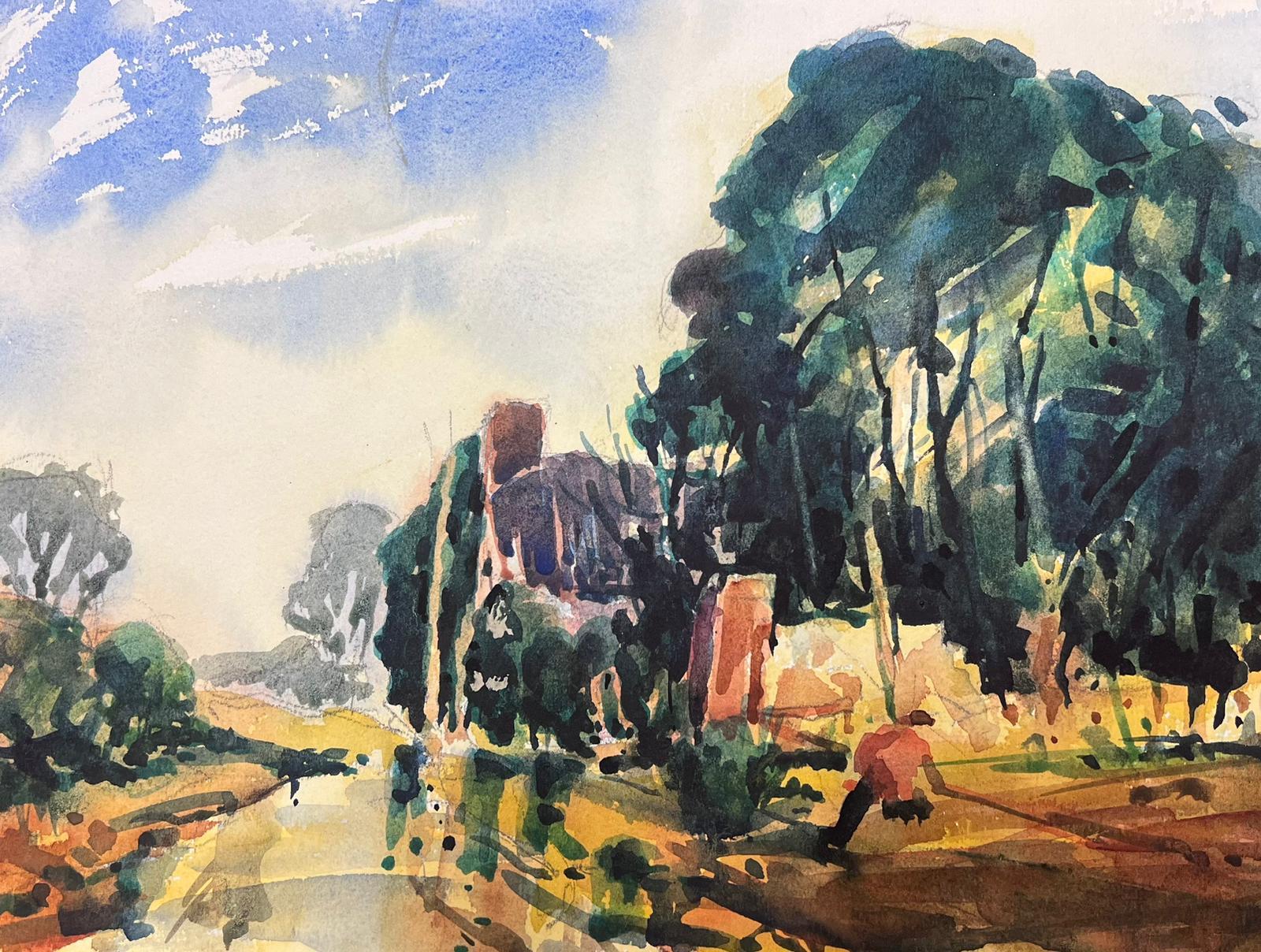 French Watercolour Landscape Figure Fishing Down By The Stream