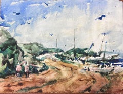Paysage français à l'aquarelle, chemin de sable le long du port des voiliers