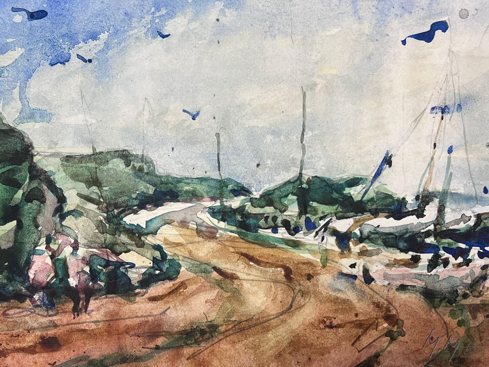 Acquerello francese Paesaggio Sentiero di sabbia lungo il porto di barche a vela - Landscape Painting Grigio di Maurice Mazeilie