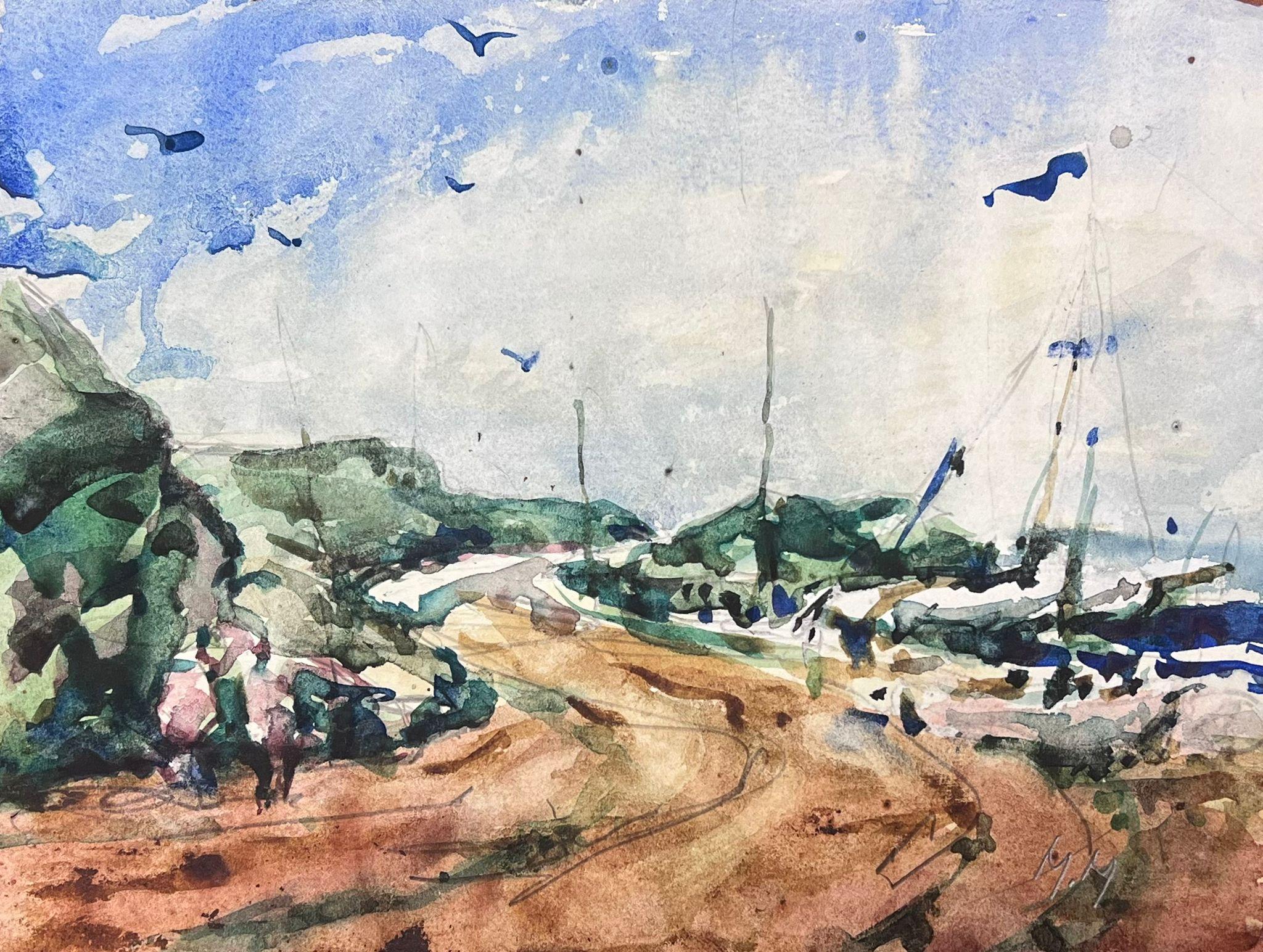 Maurice Mazeilie Landscape Painting - French Watercolour Landscape Sandy Path Along The Sailing Boat Harbour