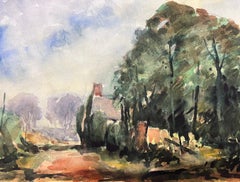 French Watercolour Landscape Village Town Path With Tall Green Trees
