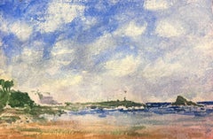 French Watercolour Landscape White Clouds In Blue Skies Over Sea