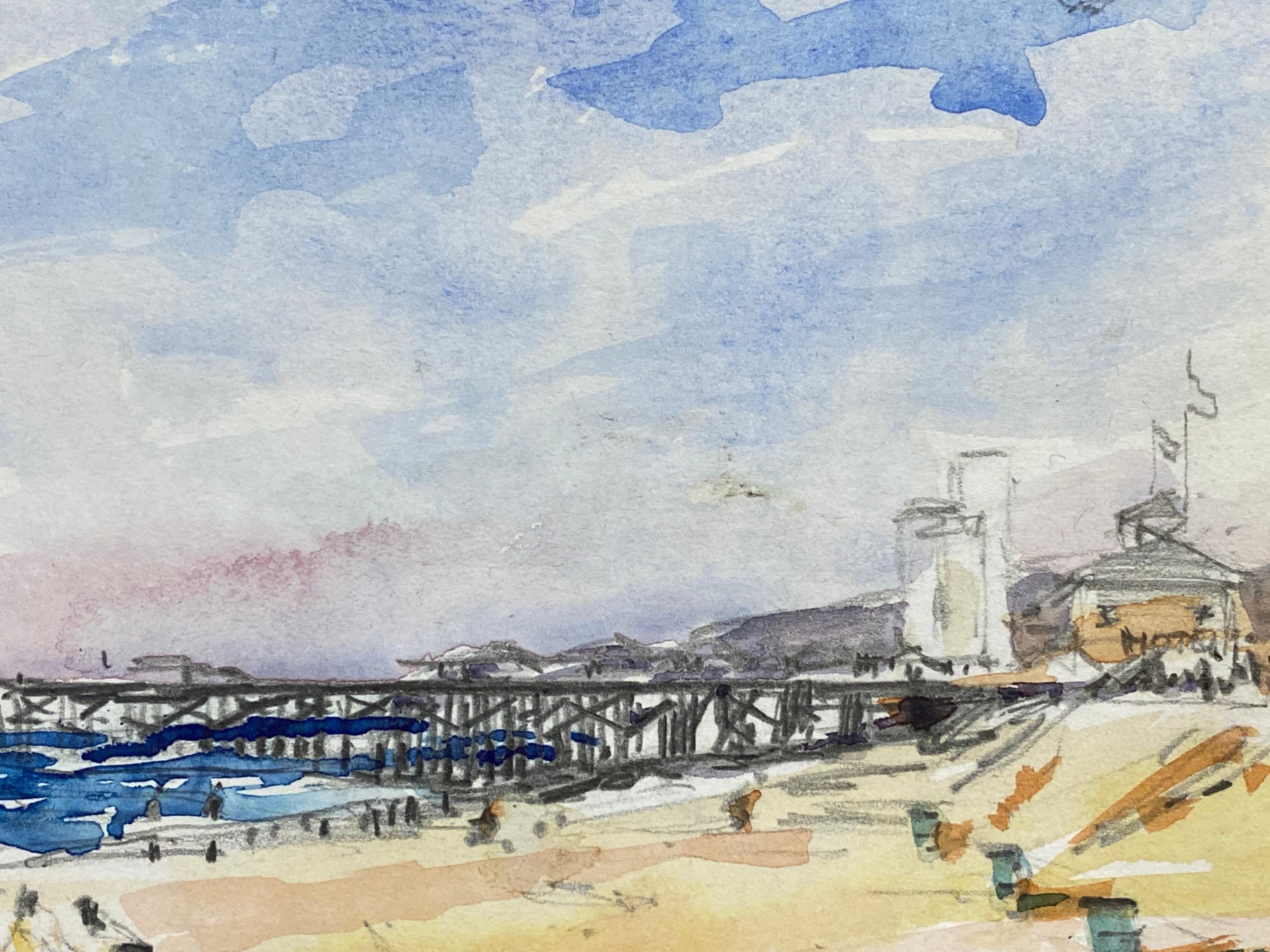 IMPRESSIONIST SIGNED WATERCOLOUR - FRENCH WARM DAY AT THE PIER - Painting by Maurice Mazeilie