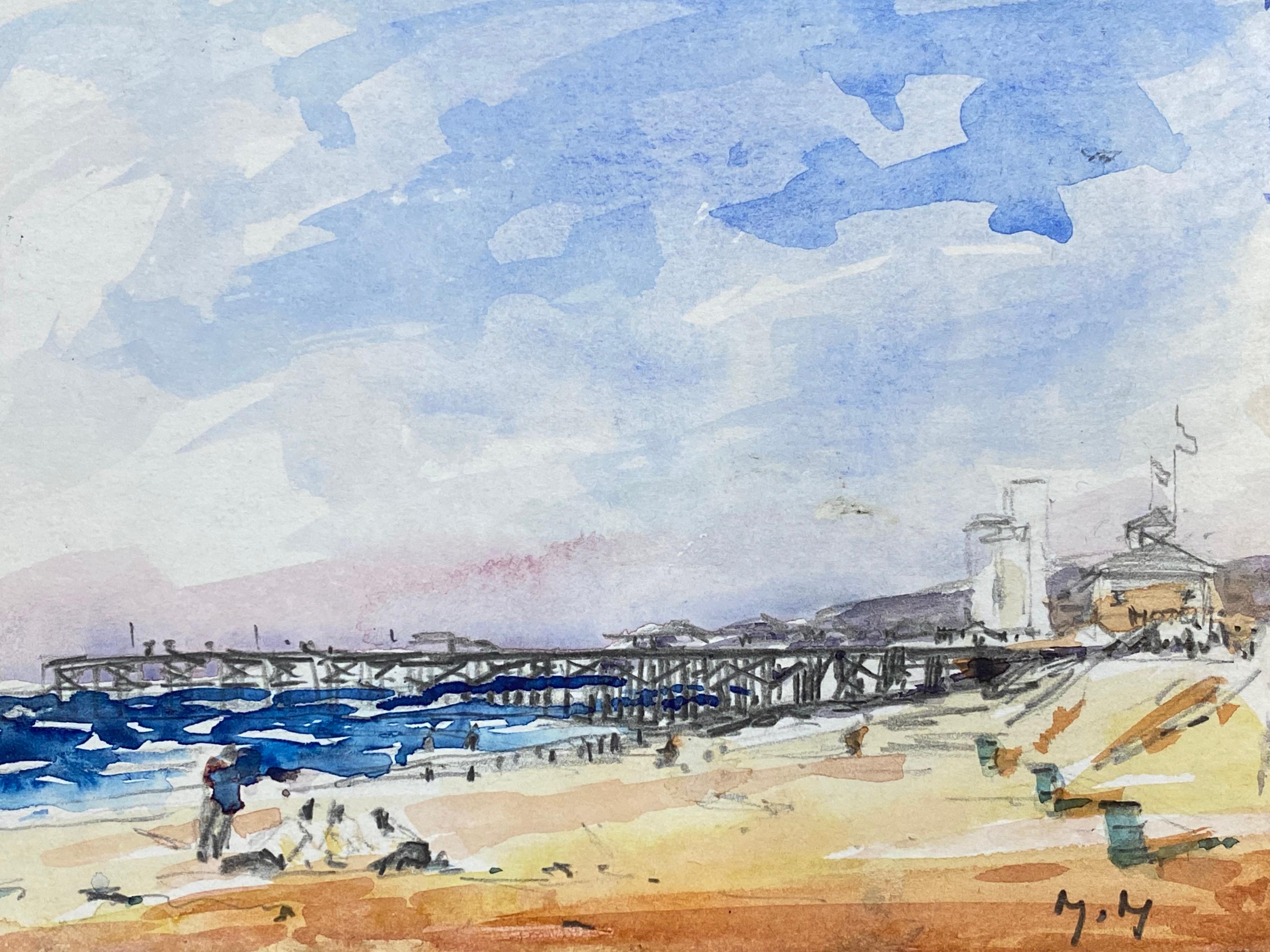 Landscape Painting de Maurice Mazeilie - ACUARELA IMPRESIONISTA FIRMADA - DIA CALUROSO FRANCES EN EL MUELLE