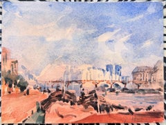 Paris River Seine Boats and Bridge Impressionist Watercolour Painting