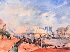 Paris River Seine Boats and Bridge Impressionist Watercolour Painting