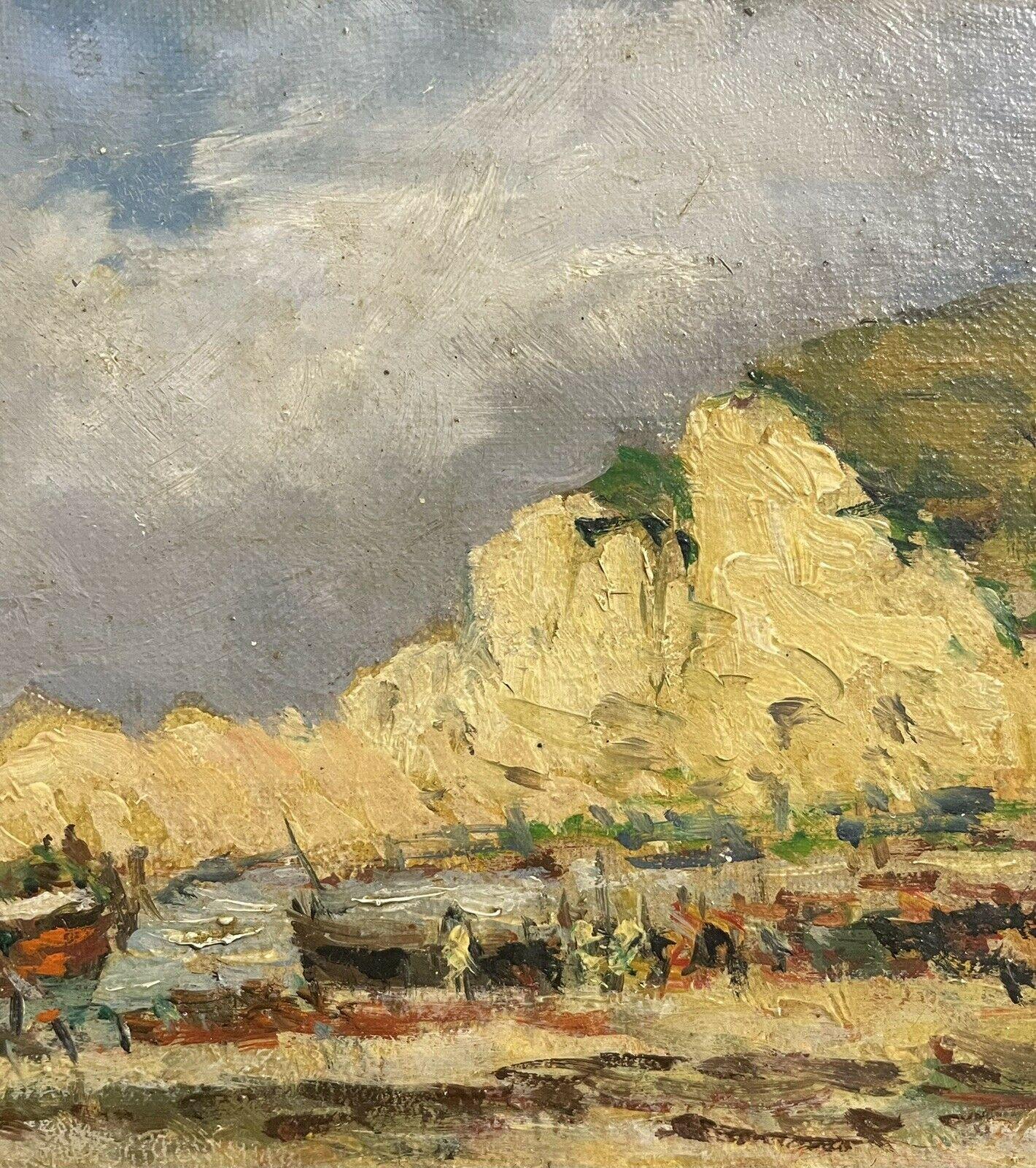 MAURICE MAZEILIE OLIO IMPRESSIONISTA FRANCESE - SPIAGGIA AFFOLLATA BARCHE DA PESCA COSTIERE - Painting di Maurice Mazeilie