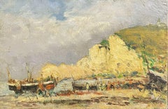 MAURICE MAZEILIE FRENCH IMPRESSIONIST OIL - BUSY BEACH COASTAL FISHING BOATS