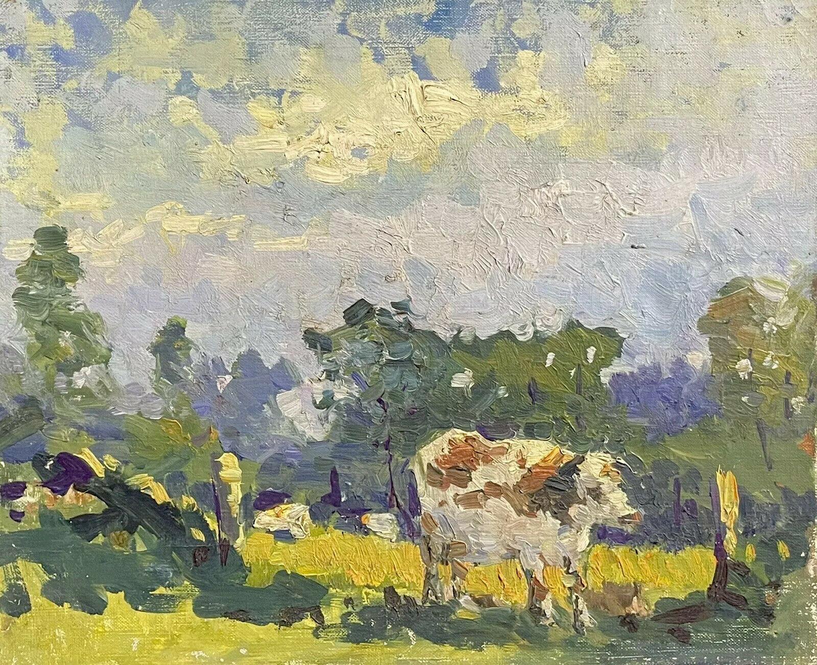 MAURICE MAZEILIE FRENCH IMPRESSIONIST OIL - COW STANDING IN SUMMER MEADOW FIELD - Painting by Maurice Mazeilie