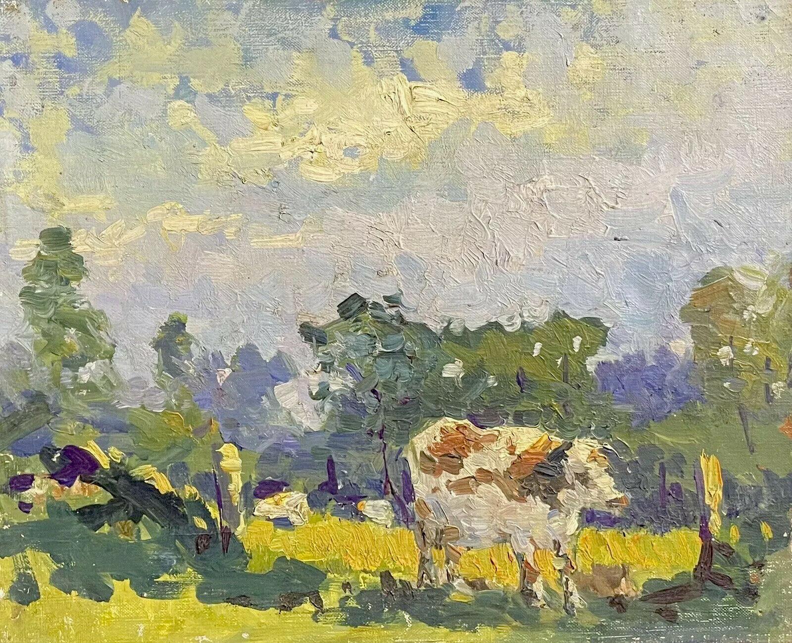 Maurice Mazeilie Figurative Painting - MAURICE MAZEILIE FRENCH IMPRESSIONIST OIL - COW STANDING IN SUMMER MEADOW FIELD