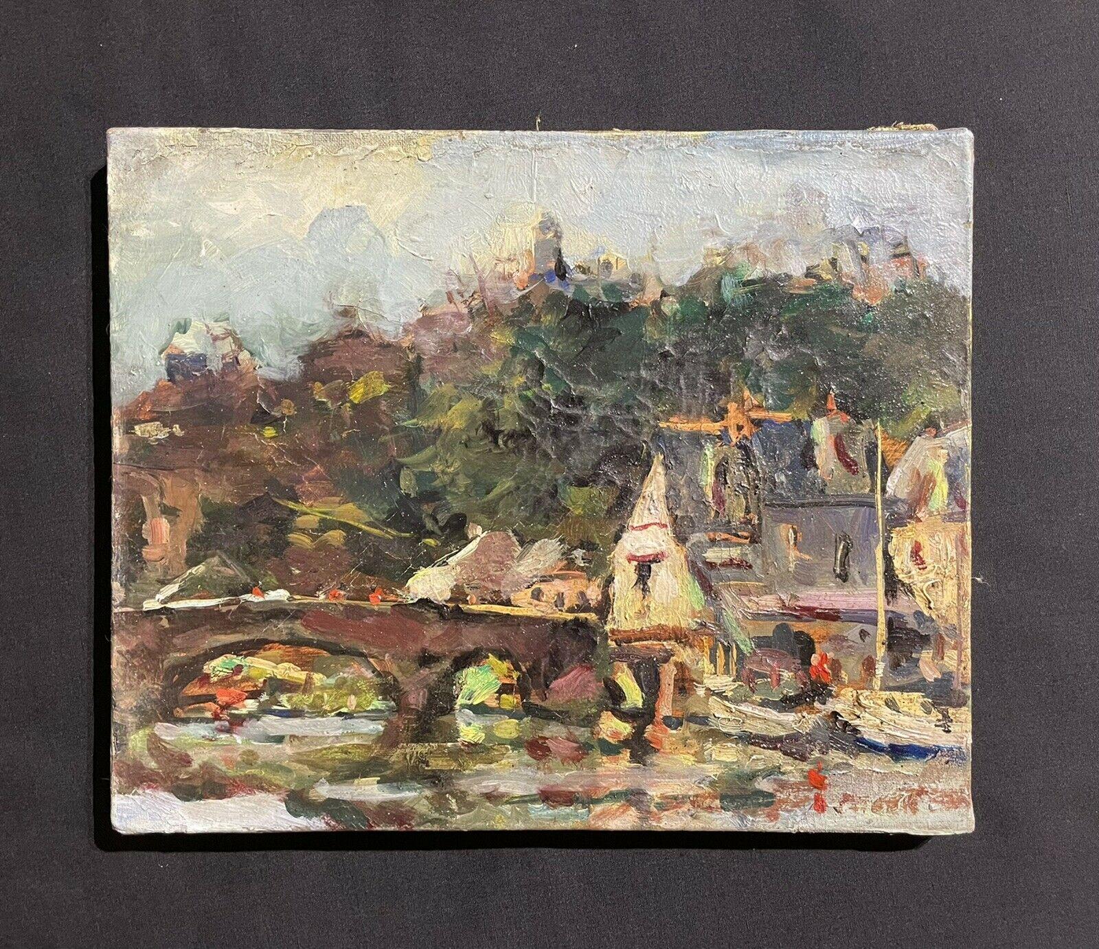 MAURICE MAZEILIE FRENCH IMPRESSIONIST OIL - FRENCH RIVER & TOWN VIEW - Painting by Maurice Mazeilie