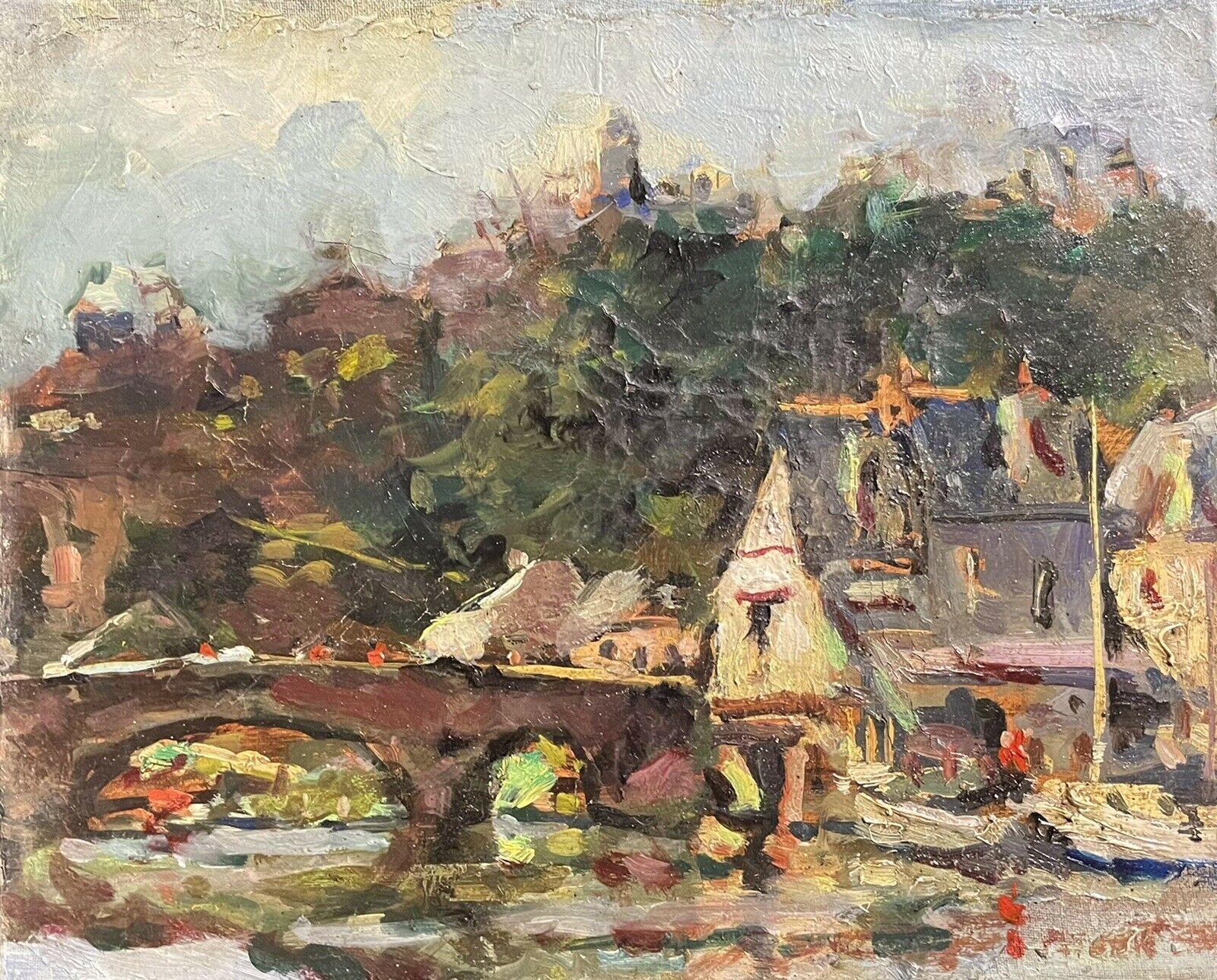 MAURICE MAZEILIE FRENCH IMPRESSIONIST OIL - FRENCH RIVER & TOWN VIEW - Impressionist Painting by Maurice Mazeilie