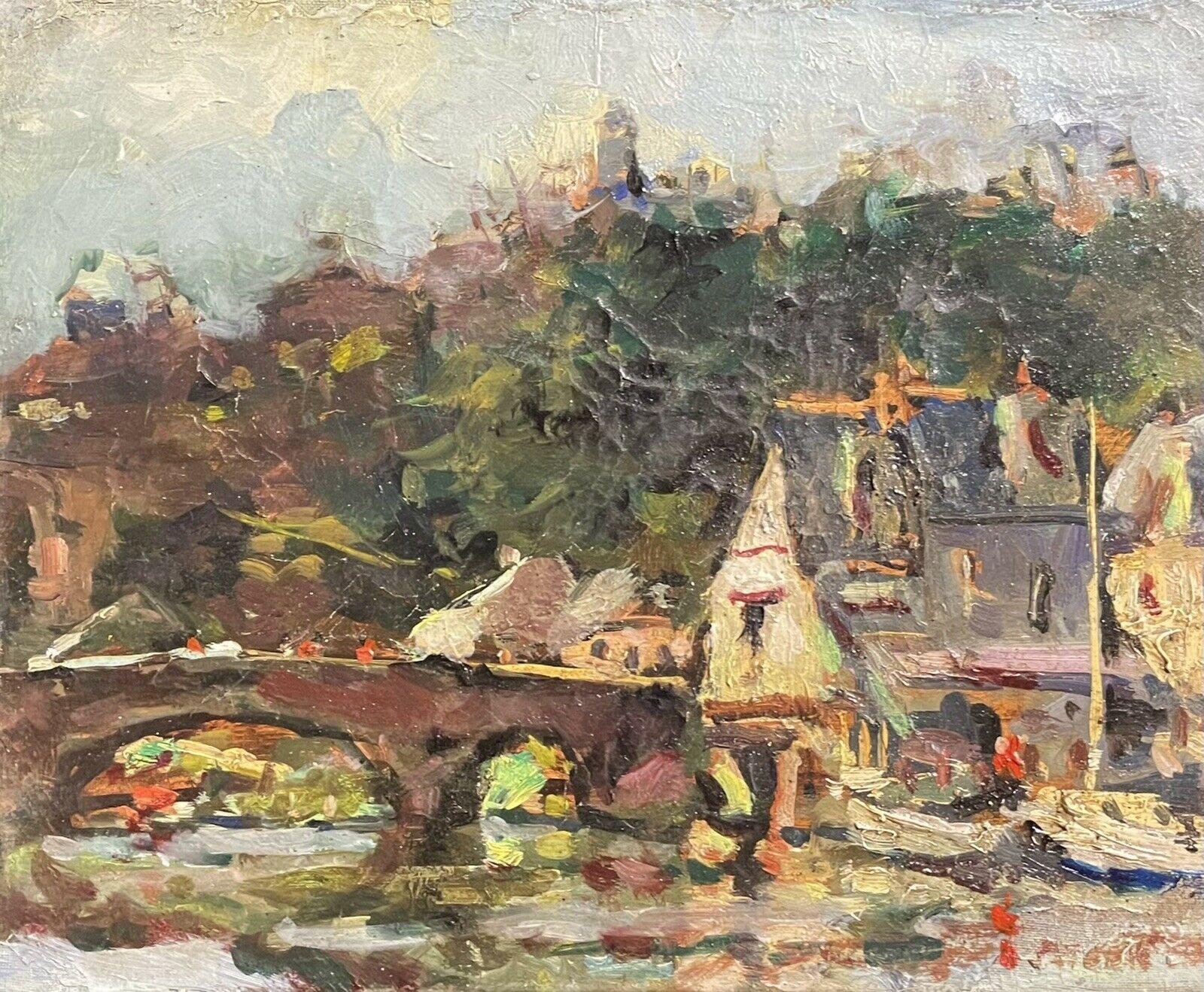 Maurice Mazeilie Landscape Painting - MAURICE MAZEILIE FRENCH IMPRESSIONIST OIL - FRENCH RIVER & TOWN VIEW