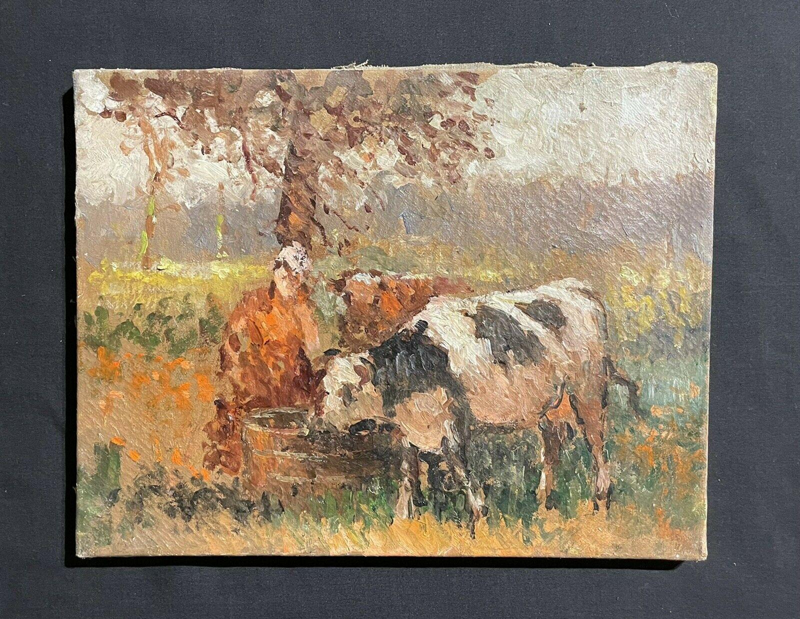 MAURICE MAZEILIE ÓLEO IMPRESIONISTA FRANCÉS - LECHERA CON GANADO EN EL CAMPO - Painting de Maurice Mazeilie