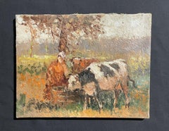MAURICE MAZEILIE FRENCH IMPRESSIONIST OIL - MILKMAID WITH CATTLE IN FIELD